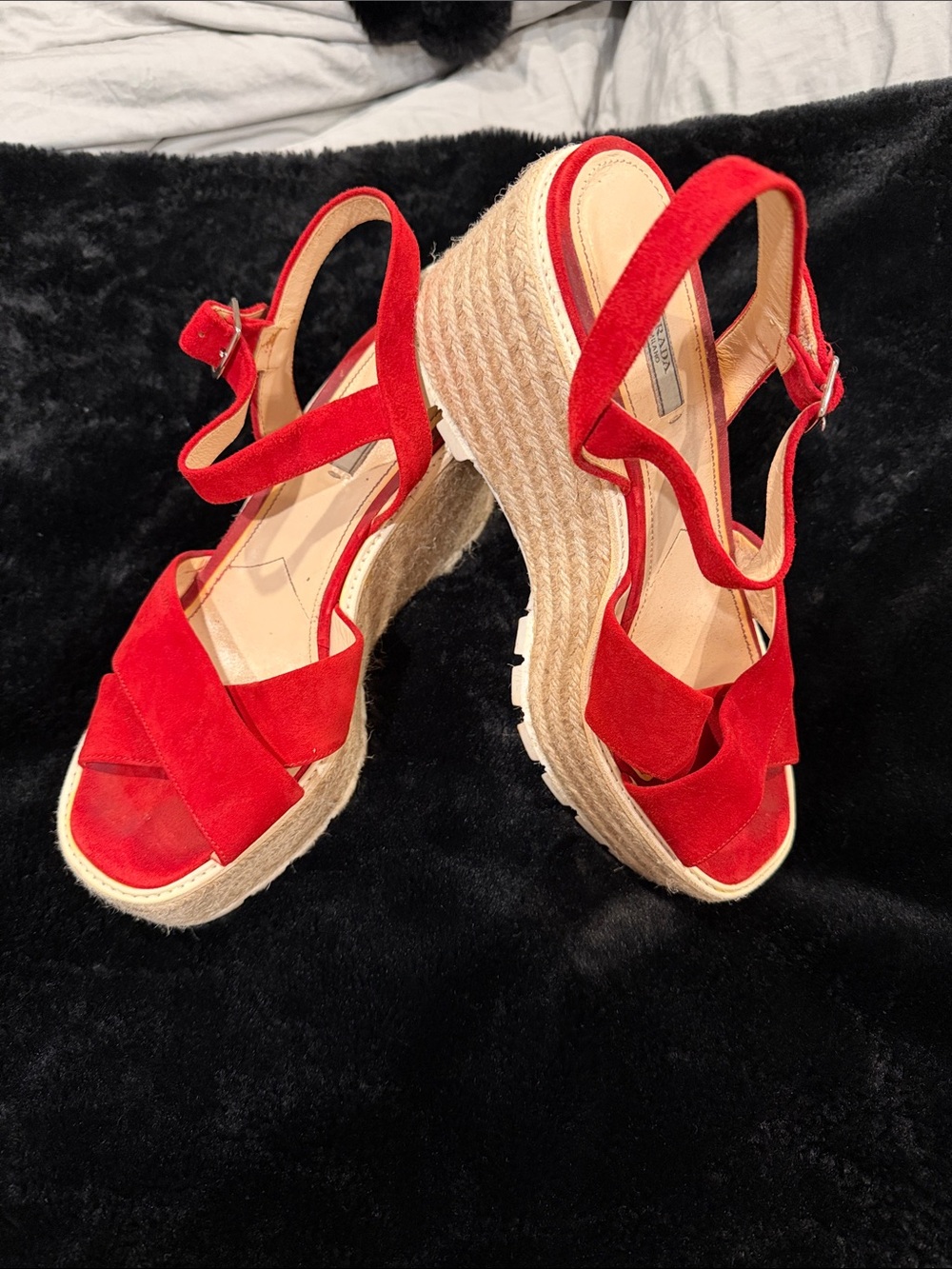 Prada Red Suede Espadrille Wedge Sandals